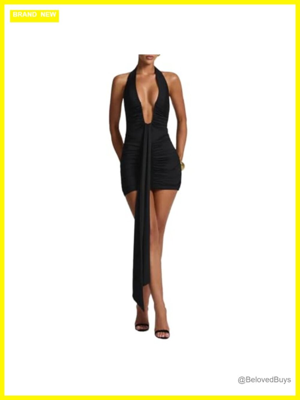 Women Deep V Neck Ruched Mini Dress Backless Halter Party Club Night